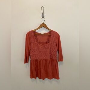 Meadow Rue Rust-Pink Crochet Smocked Peasant Shirt